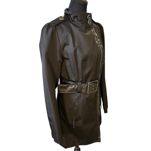Worthington Black Mock Neck Edgy Belted Asymmetrical Zip Trench Size M - Picture 3 of 7